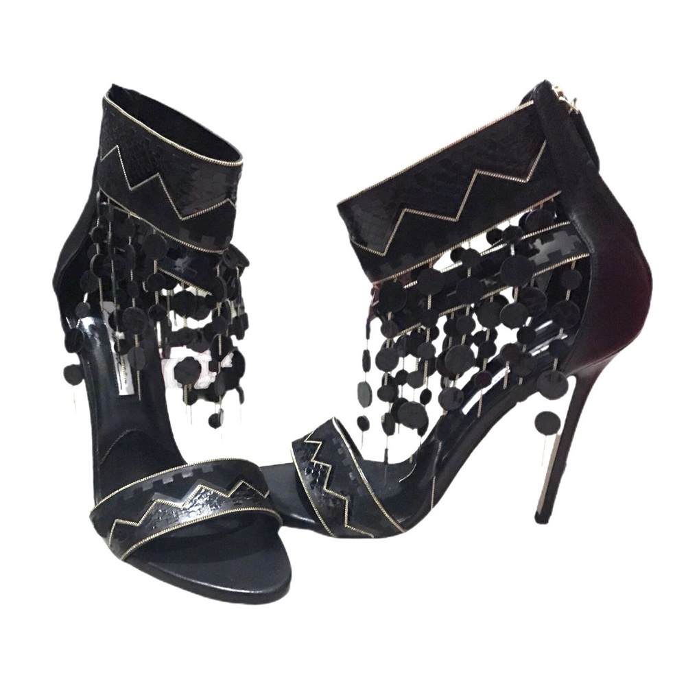 Brian Atwood Black Open Toe Stiletto Heels with Tassels Gold, size 11